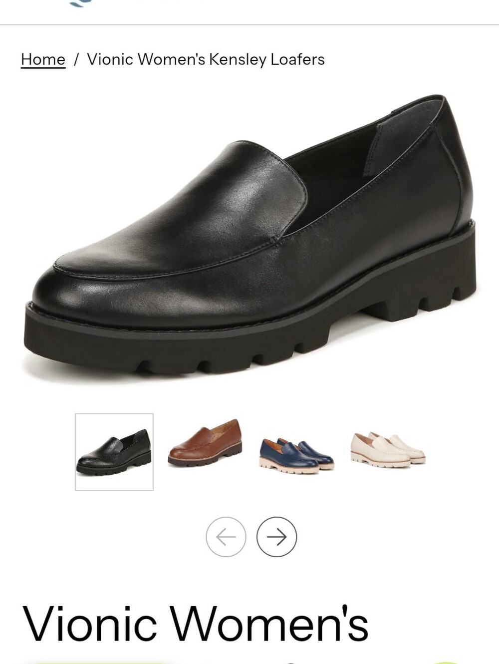 NEW Vionic Kensley Black Leather Loafer, Lug Sole, Arch Support, Size 8